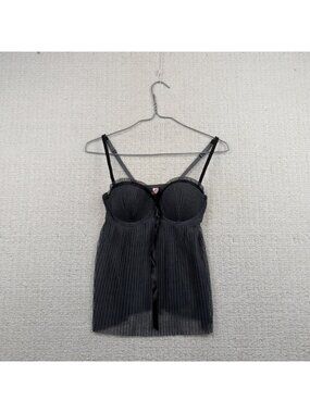 Y2K La vie en Rose Baby Doll Cami Top Sheer Pleated Gray Lingerie Coquette 34C